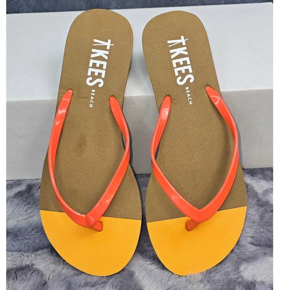 New TKEES Mini Sunfish Flip Flops Orange Yellow Colorblock Beach Kids‎ Size 3